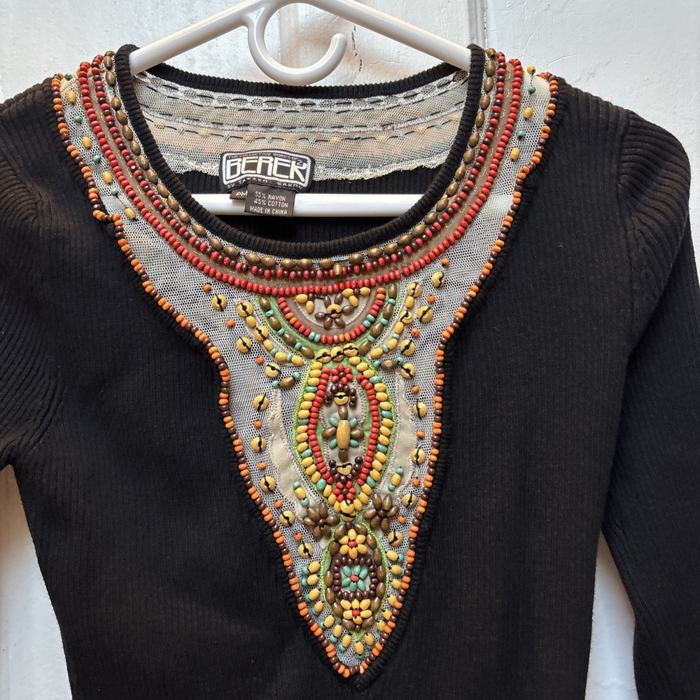 Vtg Berek Takako Sakon‎ Wooden Beaded Ribbed Sweater Petite Med Sheer Boho Hippy